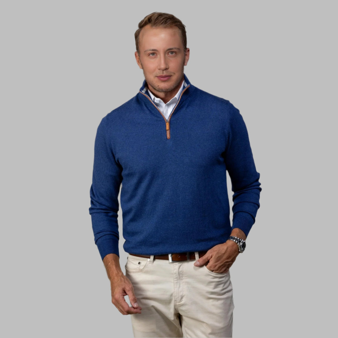 Cashmere Merino Quarter Zip Neck Jumper - Blue